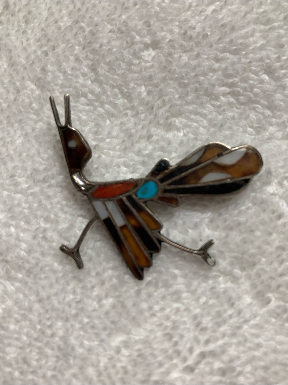 Native American Zuni Multicolor Mosaic Inlay Roadrunner Brooch
